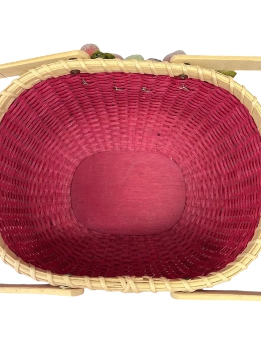 Vintage Red Woven Peterboro Oval Basket With Sugared Fruit & Double Handles